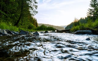 Картинка река, природа, лес, вода, пейзаж, горы, закат