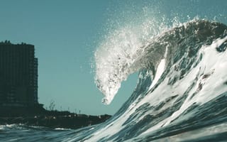 Картинка волна, океан, город, природа, пейзаж, вода, солнце