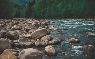 Картинка река, камни, природа, лес, пейзаж, вода, горы, отдых, тишина, зеленый