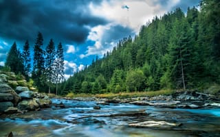 Картинка река, лес, природа, пейзаж, облака, водопад, камни