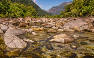 Картинка природа, река, камни, горы, пейзаж, вода, лес, отдых, лето, красота