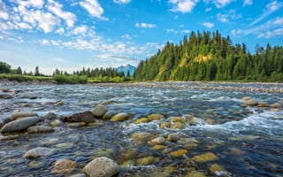 Картинка река, природа, горы, лес, камни, небо, пейзаж, вода, отдых, лето
