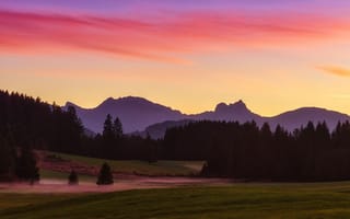 Картинка пейзаж, горы, закат, природа, лес, небо, туман