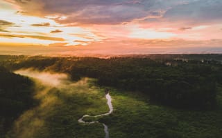 Картинка природа, закат, река, лес, пейзаж, облака, туман