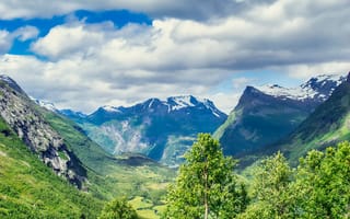 Картинка горы, природа, пейзаж, лес, небо, облака, долина