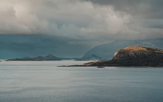 Картинка пейзаж, море, горы, облака, острова, природа, спокойствие