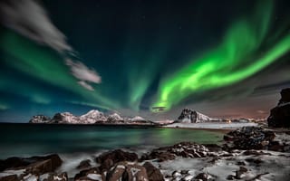 Картинка северное сияние, ночное небо, горы, море, пейзаж, зима, звезды
