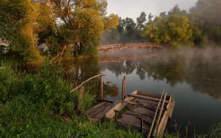 Картинка природа, река, мост, туман, деревья, утро, пейзаж