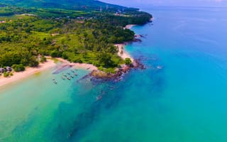 Картинка пляж, море, природа, остров, корабли, пейзаж, зелень
