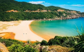 Картинка пляж, море, природа, пейзаж, горы, отдых, солнце