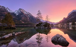 Картинка озеро, горы, закат, природа, отражение, пейзаж, деревья