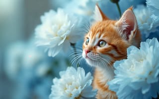 Картинка кот, цветы, питомец, природа, мягкий, ореховый, красивый