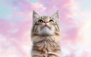 Картинка кот, небо, облака, пухнастый, животное, взгляд, мягкий