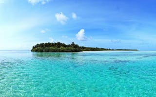 Картинка остров, море, пейзаж, природа, песок, пальмы, небо