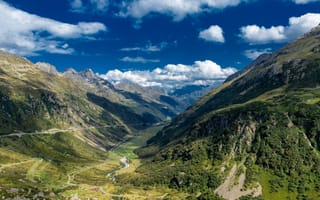 Картинка горы, долина, природа, пейзаж, небо, облака, река