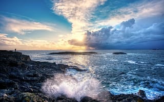 Картинка море, скалы, закат, волны, облака, пейзаж, природа, острова