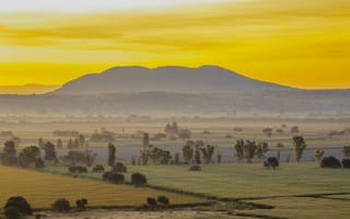 Картинка пейзаж, горы, закат, поля, природа, деревья, туман