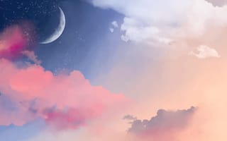 Картинка небо, облака, луна, закат, пейзаж, космос, цвета, графика, атмосфера, природа