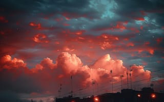 Картинка закат, облака, небо, город, свет, атмосфера, пейзаж, красный, синий, вечер
