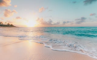 Обои океан, море, вода, природа, волна, утро, утренний, рассвет, восход, солнце, пляж, песок, песчаный