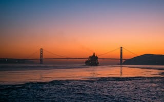 Картинка мост, мосты, мост Золотые Ворота, Золотые Ворота, Сан Франциско, Калифорния, США, корабль, закат, заход, вечер
