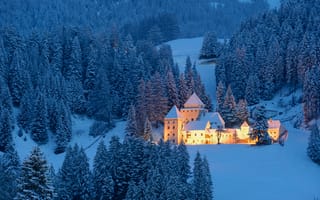 Картинка архитектура, замок, крепость, зима, лес, снег