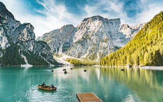 Картинка горы, гора, природа, вода, озеро, пруд, пейзаж, лодка