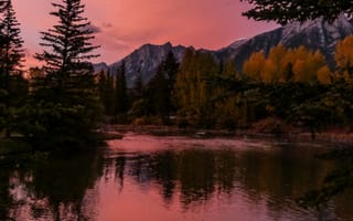 Картинка горы, гора, природа, вечер, закат, заход, вода, озеро, пруд, пейзаж, отражение, осень