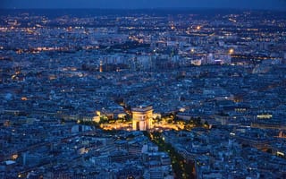Картинка города, здания, дома, город, Париж, Франция, ночной город, ночь, огни, подсветка, вечер, сумерки, современный, сверху, c воздуха
