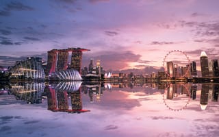 Картинка города, здания, дома, город, Сингапур, ночной город, ночь, огни, подсветка, вечер, сумерки, современный, отражение