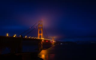 Картинка мост, мосты, мост Золотые Ворота, Золотые Ворота, Сан Франциско, Калифорния, США, ночь, зданиe, огни, подсветка, вечер, сумерки