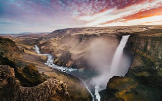 Картинка природа, Хайфосс, Исландия, гора, скала, водопад, вода, вечер, закат, заход