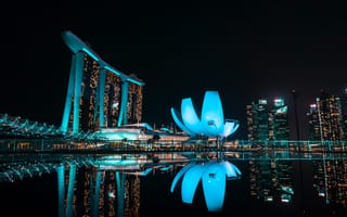 Картинка города, здания, дома, город, , Сингапур, темный, свечение, отражение, ночной город, ночь, огни, подсветка, вечер, сумерки