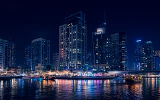 Картинка города, здания, дома, город, городской, Дубай, ОАЭ, Объединенные Арабские Эмираты, Джумейра, небоскреб, высокий, здание, ночной город, ночь, огни, подсветка, вечер, сумерки, современный