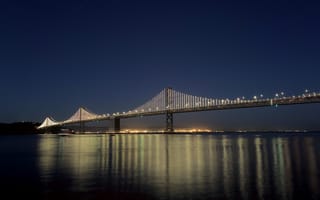Картинка мост, мосты, Бэй-Бридж, Сан-Франциско, США, современный, ночь, здание, огни, подсветка, вечер, сумерки, вода, река, отражение