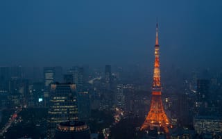 Картинка города, здания, дома, город, Токио, Япония, Токийская башня, башня, ночной город, ночь, огни, подсветка, вечер, сумерки