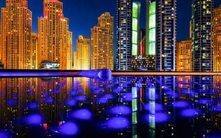 Картинка города, здания, дома, город, Дубай, ОАЭ, Объединенные Арабские Эмираты, ночной город, ночь, огни, подсветка, вечер, сумерки