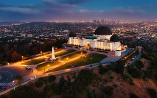 Картинка города, здания, дома, город, Обсерватория Гриффита, Лос-Анджелес, Калифорния, США, обсерватория, ночной город, ночь, огни, подсветка, вечер, сумерки