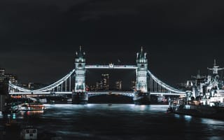 Картинка мост, мосты, Тауэрский мост, Тауэр-бридж, Лондонский мост, Лондон, Великобритания, Англия, архитектура, черный, темный, ночь, зданиe, огни, подсветка, вечер, сумерки