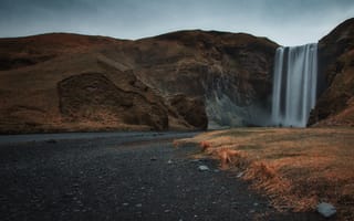 Картинка водопад, падать, гора, скоугафосс, Исландия