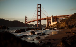 Картинка мост Золотые Ворота, Золотые Ворота, мост, Сан Франциско, Калифорния, США, мосты, гора, пляж