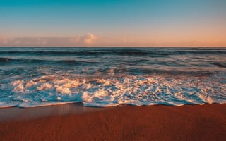Картинка океан, море, вода, природа, берег, побережье, песок, песчаный, пляж, волна, вечер, закат, заход