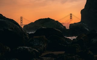 Картинка мост Золотые Ворота, Золотые Ворота, мост, Сан Франциско, Калифорния, США, мосты, скала, вечер, закат, заход