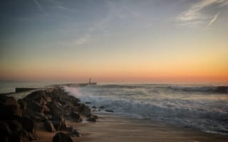 Картинка океан, море, вода, природа, Вила-ду-Конде, Португалия, берег, побережье, пляж, вечер, закат, заход