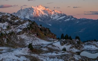 Картинка горы, гора, природа, Шуксан, Вашингтон, США, пейзаж, зима, снег, вечер, сумерки, закат, заход