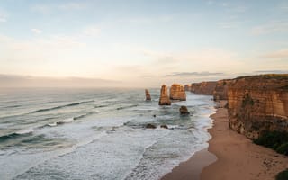 Картинка Двенадцать Апостолов, Австралия, скала, берег, побережье, океан, пейзаж, море, вода, природа, вечер, закат, заход