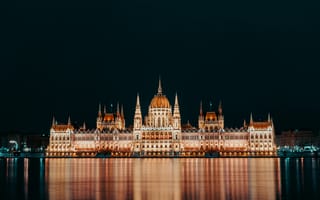 Картинка здание венгерского парламента, парламент, здание парламента, резиценция, замок, здание, архитектура, достопримечательность, Будапешт, Венгрия, отражение, свечение, ночь, огни, подсветка