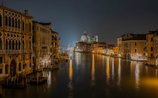 Картинка город, города, здания, Гранд Канал, Венеция, Италия, ночь, ночной город, огни, подсветка