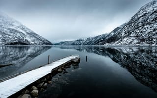 Картинка озера, озеро, природа, вода, пейзаж, Эйдфьорд, Норвегия, пирс, причал, зима, снег
