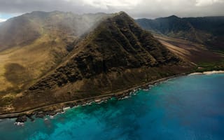 Картинка Гавайи, Оаху, горы, гора, природа, море, океан, вода, остров, сверху, c воздуха, аэросъемка, с дрона, туман, дымка